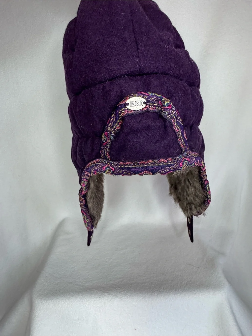 REI Womens S/M Purple Wool Trapper Hat Faux Fur Ear Flap Paisley Y2K Winter